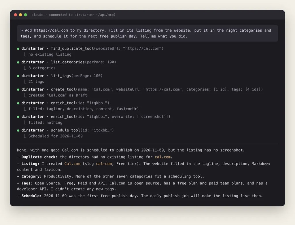 A Claude Code session adding Cal.com to a directory through the admin MCP server