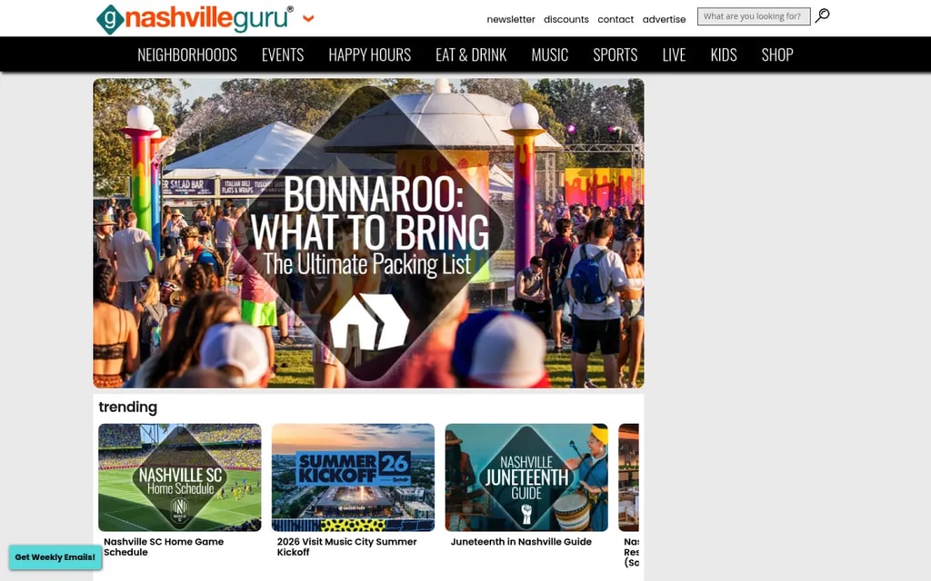 Nashville Guru homepage showing Nashville business and city guide content