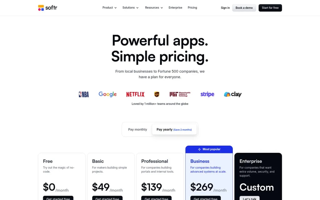 Softr pricing page