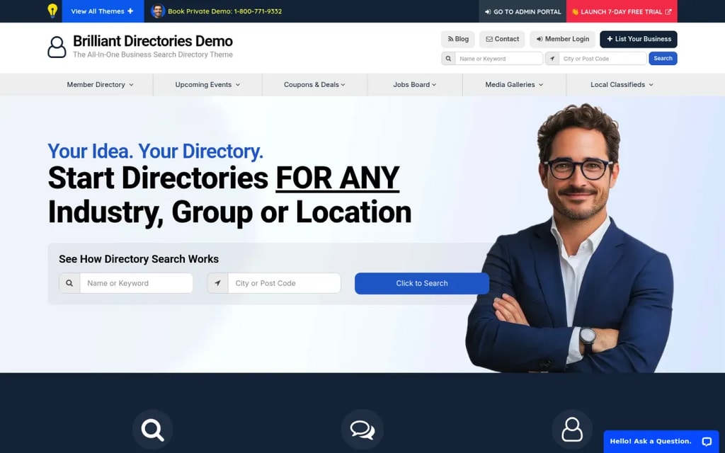 The official Brilliant Directories demo site running the All-In-One Business Search Directory theme